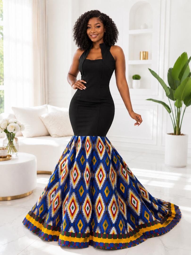 Royal Blue And Black Bodycon Samakaka Geometric Print Mermaid Maxi Gown. 2 A Woman Wearing Royal Blue And Black Bodycon Samakaka Geometric Print Mermaid Maxi Gown.