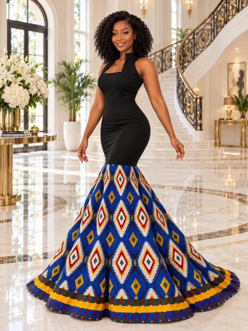 Royal Blue And Black Bodycon Samakaka Geometric Print Mermaid Maxi Gown. 3 A Woman Wearing Royal Blue And Black Bodycon Samakaka Geometric Print Mermaid Maxi Gown.