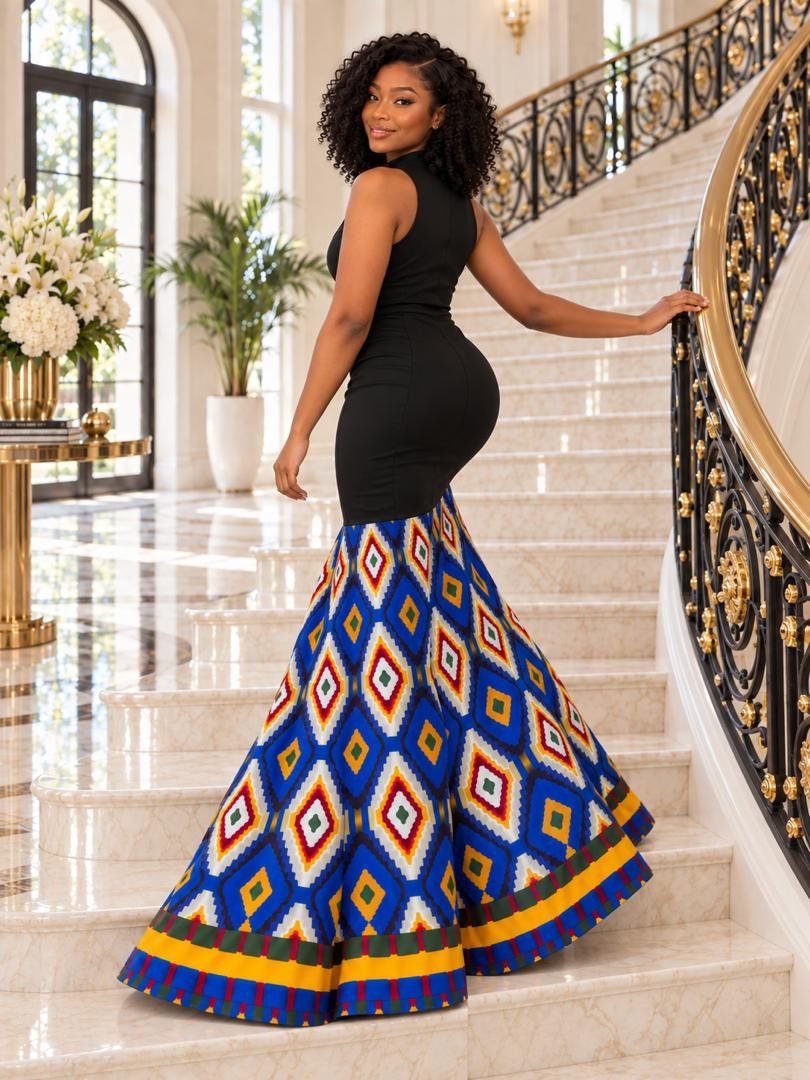 Royal Blue And Black Bodycon Samakaka Geometric Print Mermaid Maxi Gown. 4 A Woman Wearing Royal Blue And Black Bodycon Samakaka Geometric Print Mermaid Maxi Gown.