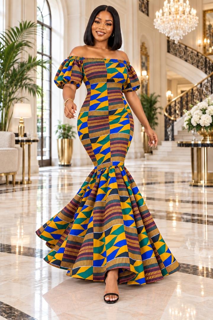 Heritage Elastic Kente Print Smocked Puff Sleeve Mermaid Maxi Gown. 3 A Woman Wearing An Heritage Elastic Kente Print Smocked Puff Sleeve Mermaid Maxi Gown.