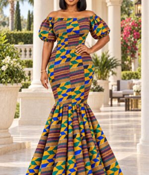 A Woman Wearing An Heritage Elastic Kente Print Smocked Puff Sleeve Mermaid Maxi Gown.
