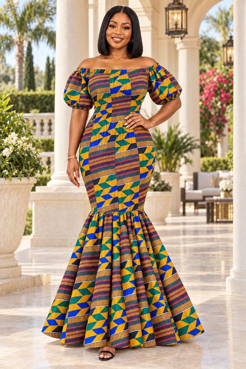 A Woman Wearing An Heritage Elastic Kente Print Smocked Puff Sleeve Mermaid Maxi Gown.