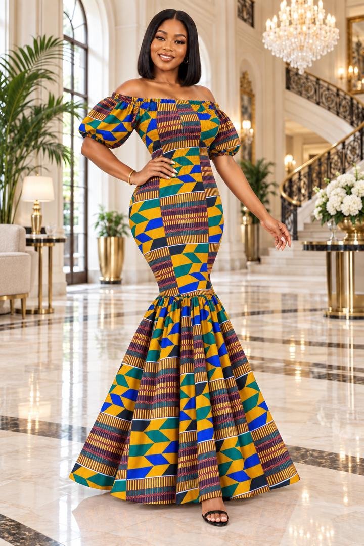 Heritage Elastic Kente Print Smocked Puff Sleeve Mermaid Maxi Gown. 2 A Woman Wearing An Heritage Elastic Kente Print Smocked Puff Sleeve Mermaid Maxi Gown.