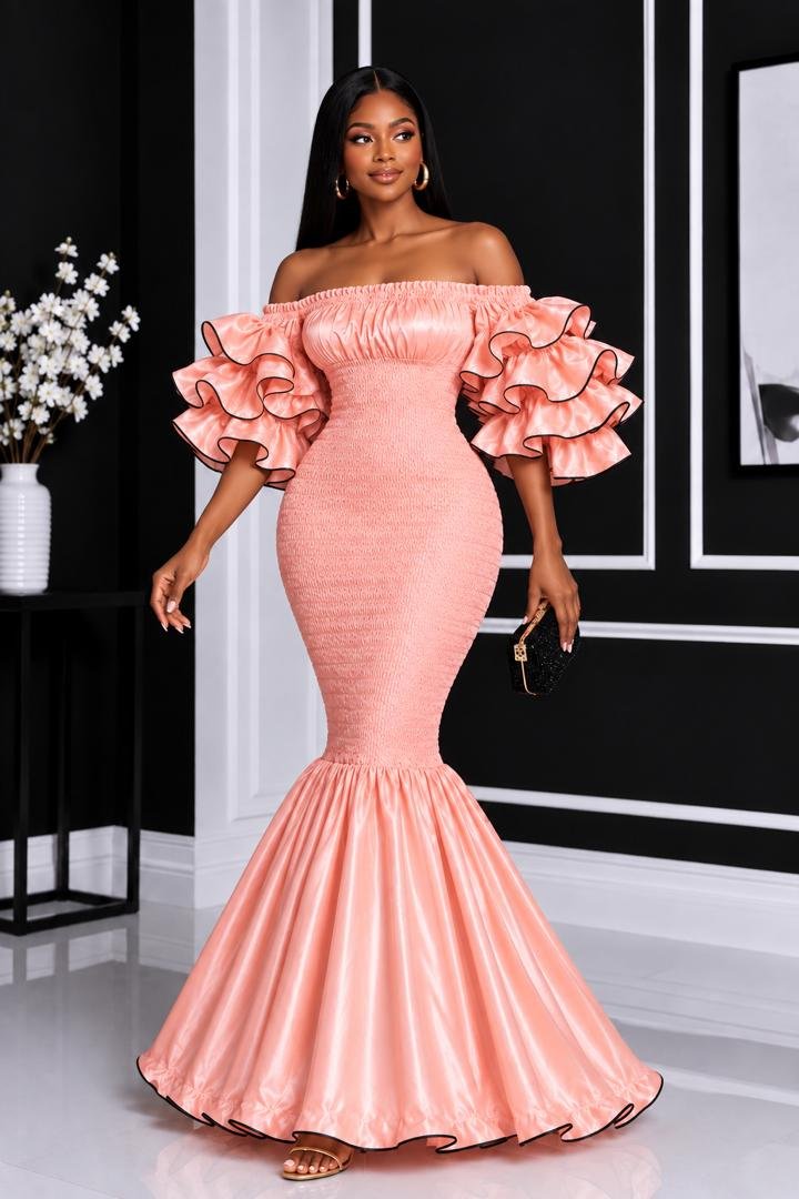 Elastic Peach Rose Gold Smocked Ruffle Mermaid Gown. 4 A Woman Wearing An Elastic Luminous Peach Rose Gold Smocked Ruffle Mermaid Gown.