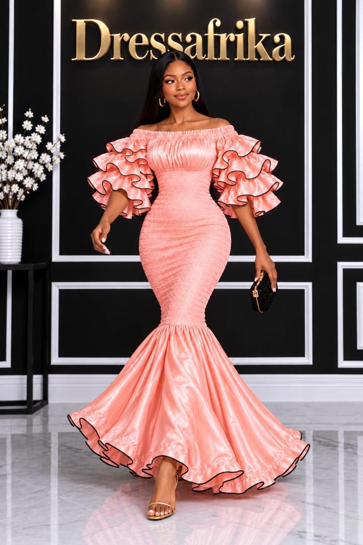 Elastic Peach Rose Gold Smocked Ruffle Mermaid Gown. 3 A Woman Wearing An Elastic Luminous Peach Rose Gold Smocked Ruffle Mermaid Gown.
