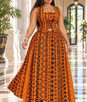A Woman Wearing The Zola Ankara 3-Piece Co-Ord Set (Available with or without Slit).