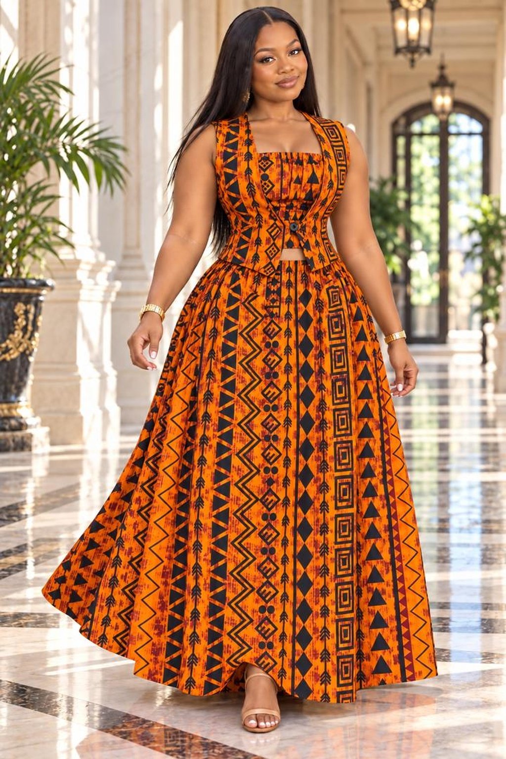 A Woman Wearing The Zola Ankara 3-Piece Co-Ord Set (Available with or without Slit).