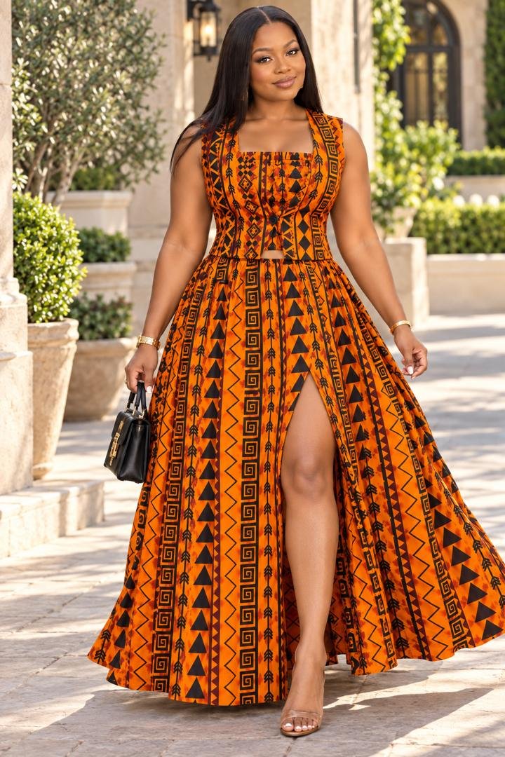 The Zola Ankara 3-Piece Co-Ord Set (Available with or without Slit). 2 A Woman Wearing The Zola Ankara 3-Piece Co-Ord Set (Available with or without Slit).