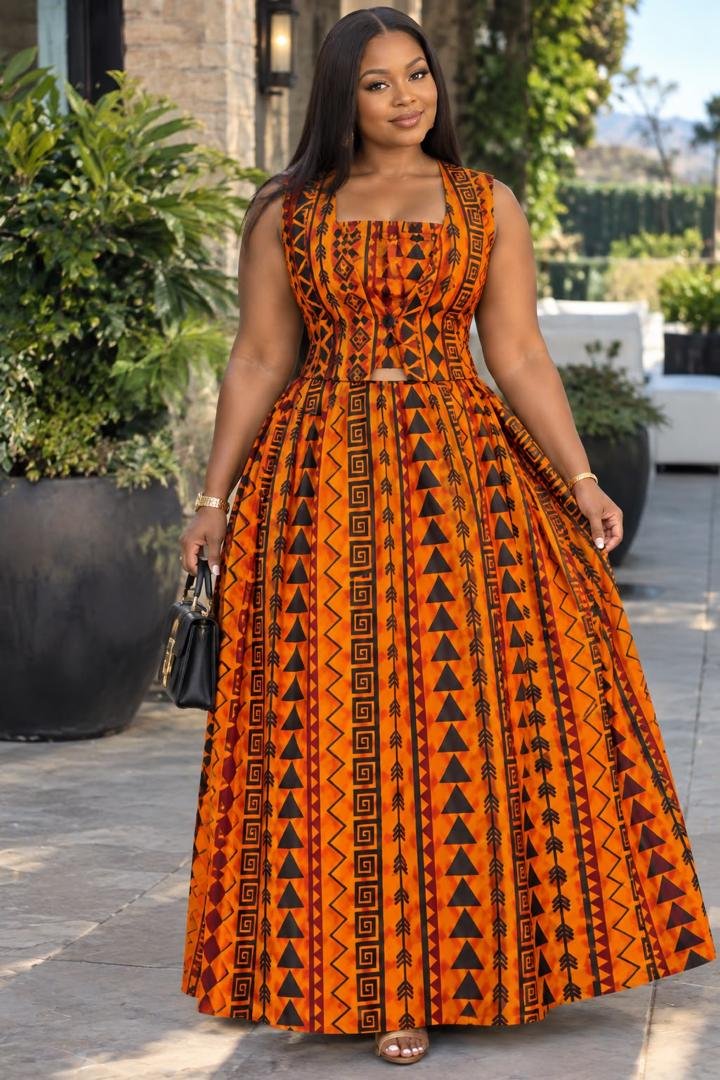 The Zola Ankara 3-Piece Co-Ord Set (Available with or without Slit). 3 A Woman Wearing The Zola Ankara 3-Piece Co-Ord Set (Available with or without Slit).