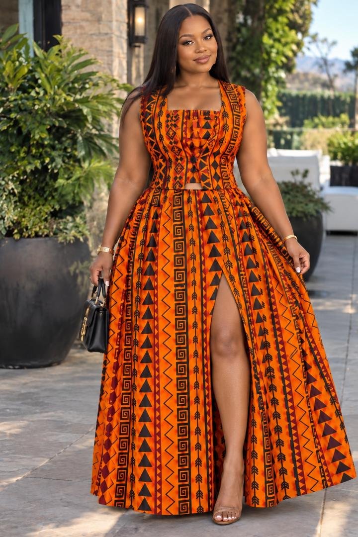 The Zola Ankara 3-Piece Co-Ord Set (Available with or without Slit). 4 A Woman Wearing The Zola Ankara 3-Piece Co-Ord Set (Available with or without Slit).
