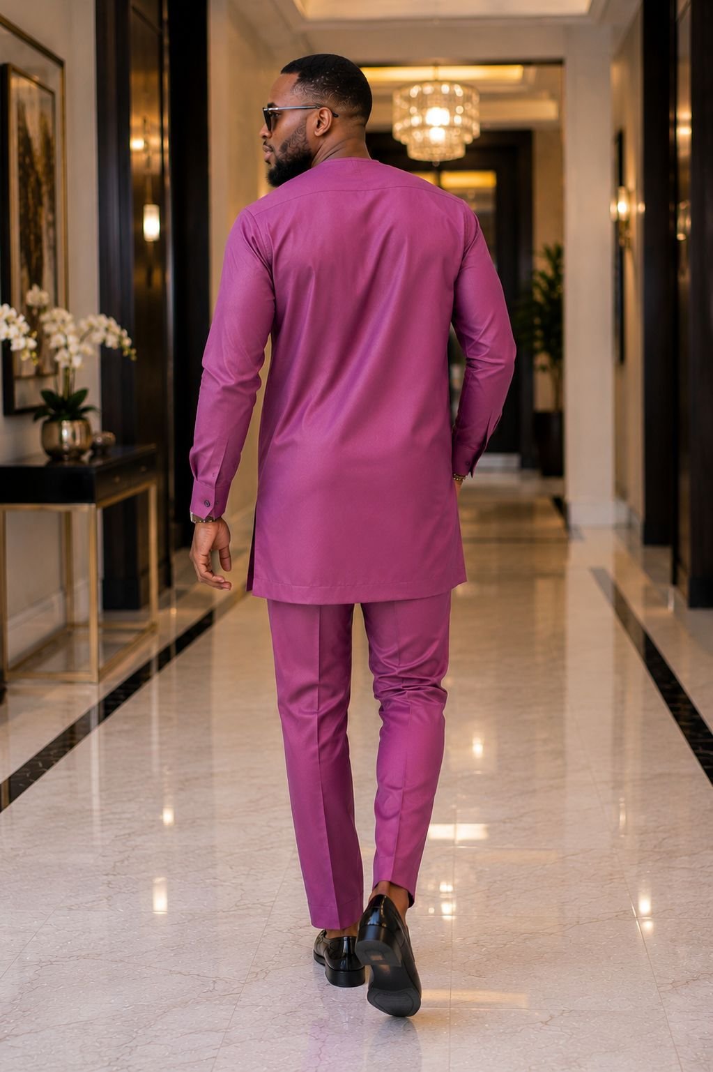 Mauve Purple & Charcoal Geometric Accent Senator Tunic And Tailored Pants Set. 3 A Man Wearing A Mauve Purple & Charcoal Geometric Accent Senator Tunic And Tailored Pants Set.
