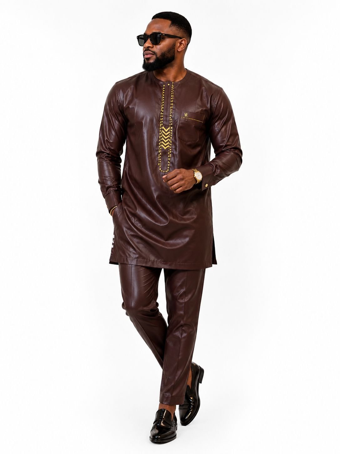 Chocolate Brown & Golden Bronze Geometric Chevron Senator Tunic And Tailored Pants Set. 2 A Man Wearing A Chocolate Brown & Golden Bronze Geometric Chevron Senator Tunic And Tailored Pants Set.