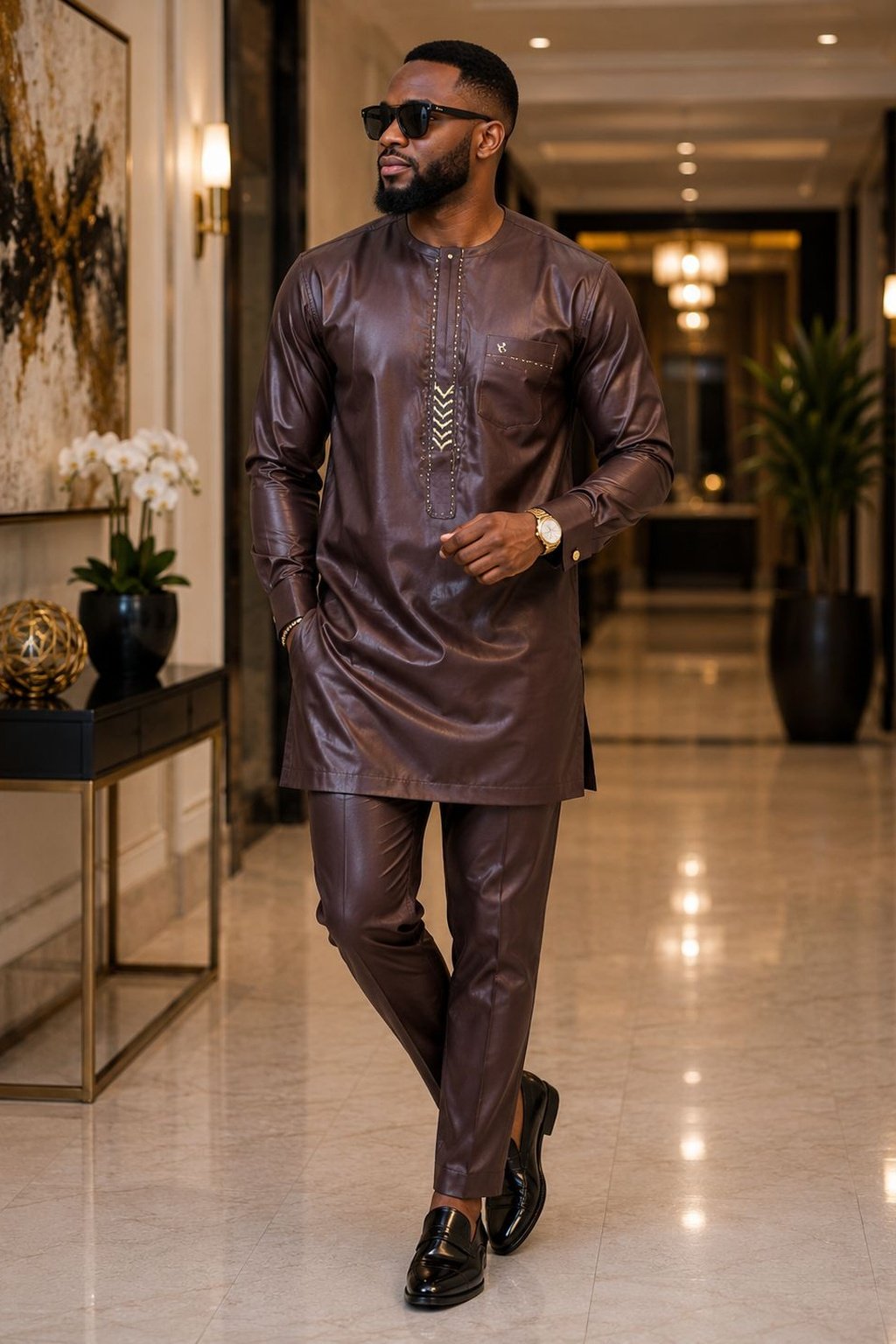 A Man Wearing A Chocolate Brown & Golden Bronze Geometric Chevron Senator Tunic And Tailored Pants Set.