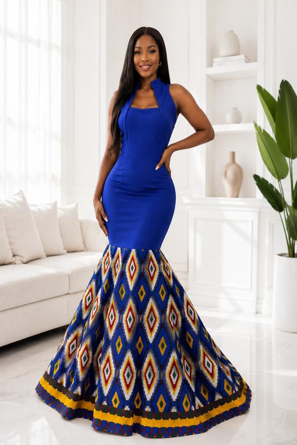 A Woman Wearing A Royal Blue And Ankara Geometric Diamond Accent Mermaid Gown.