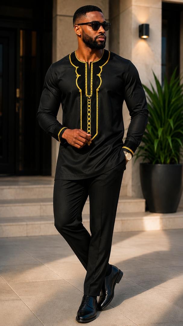 Obsidian Black & Gold Geometric Embroidered Senator Tunic And Tailored Pants Set. 2 A Man Wearing An Obsidian Black & Gold Geometric Embroidered Senator Tunic And Tailored Pants Set.