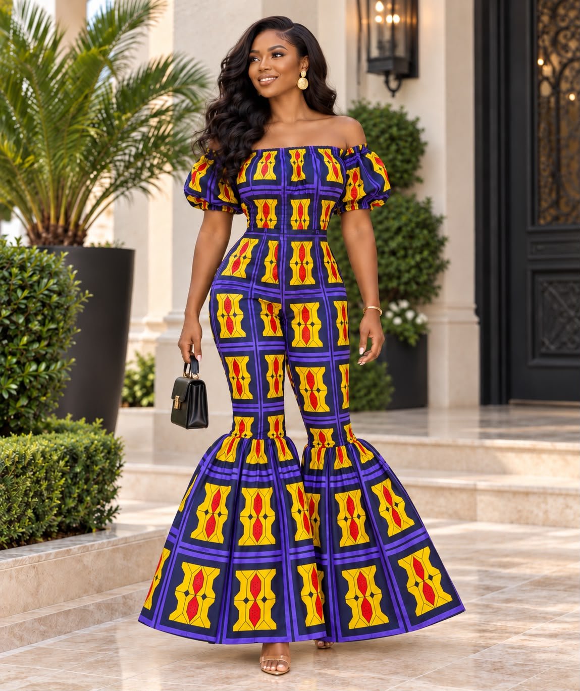 Royal Elastic Sapphire And Gold Samakaka Dramatic Flare-Leg Jumpsuit. 3 A Woman Wearing A Royal Elastic Sapphire And Gold Samakaka Dramatic Flare-Leg Jumpsuit.