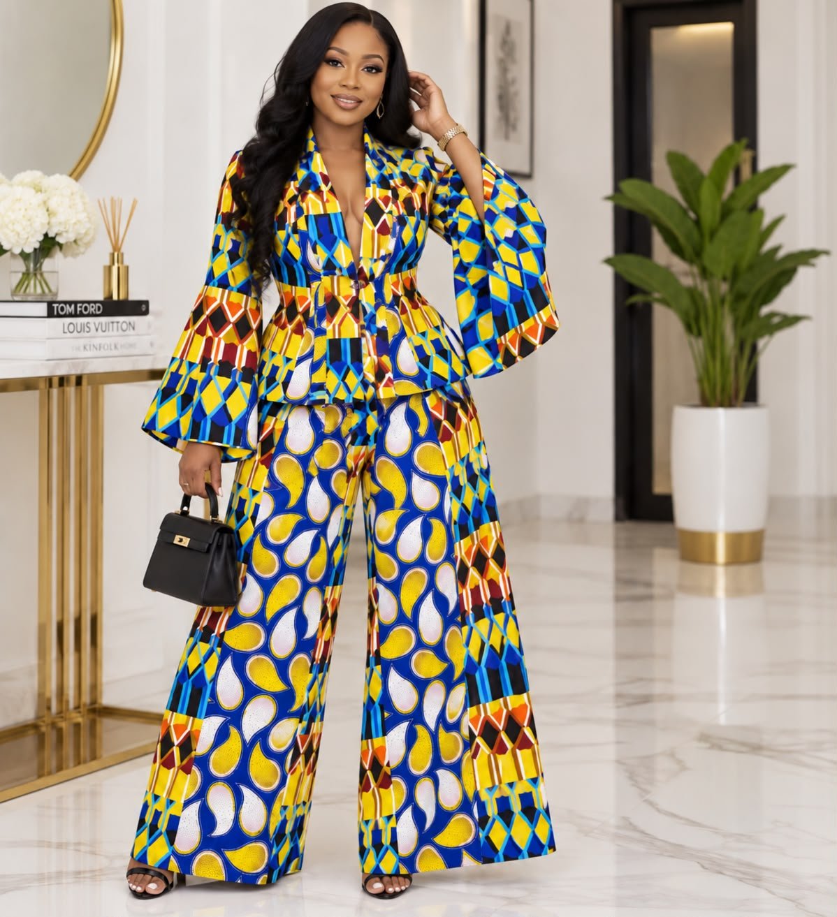 Cobalt & Marigold Multi-Pattern Asymmetric Peplum Blazer And Wide-Leg Pants Set. 2 A Woman Wearing A Cobalt & Marigold Multi-Pattern Asymmetric Peplum Blazer And Wide-Leg Pants Set.