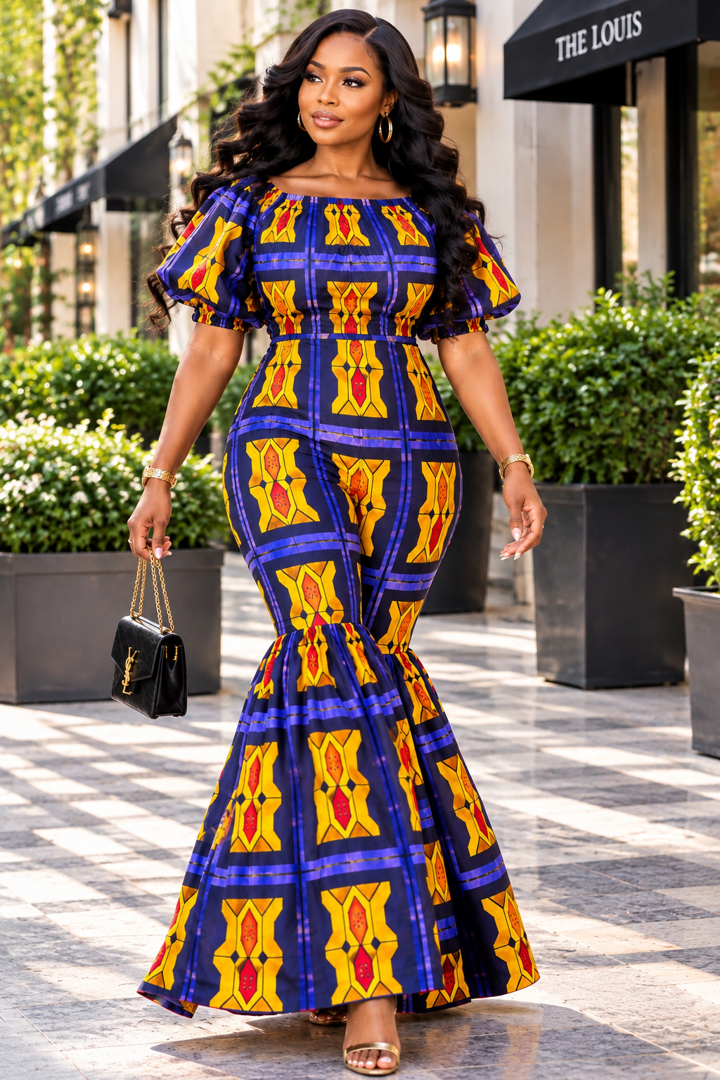 Royal Elastic Sapphire And Gold Samakaka Dramatic Flare-Leg Jumpsuit. 2 A Woman Wearing A Royal Elastic Sapphire And Gold Samakaka Dramatic Flare-Leg Jumpsuit.