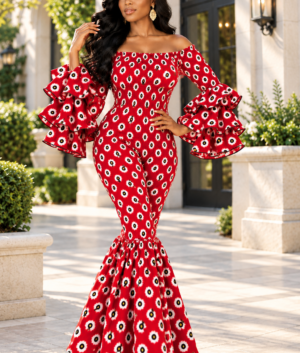 A Woman Wearing A Elastic Crimson And Onyx Geometric Print Mermaid Jumpsuit.