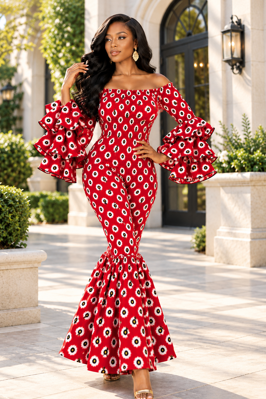 A Woman Wearing A Elastic Crimson And Onyx Geometric Print Mermaid Jumpsuit.