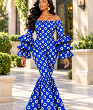 A Woman Wearing A Royal Elastic Cobalt And Marigold Geometric Print Mermaid Jumpsuit.