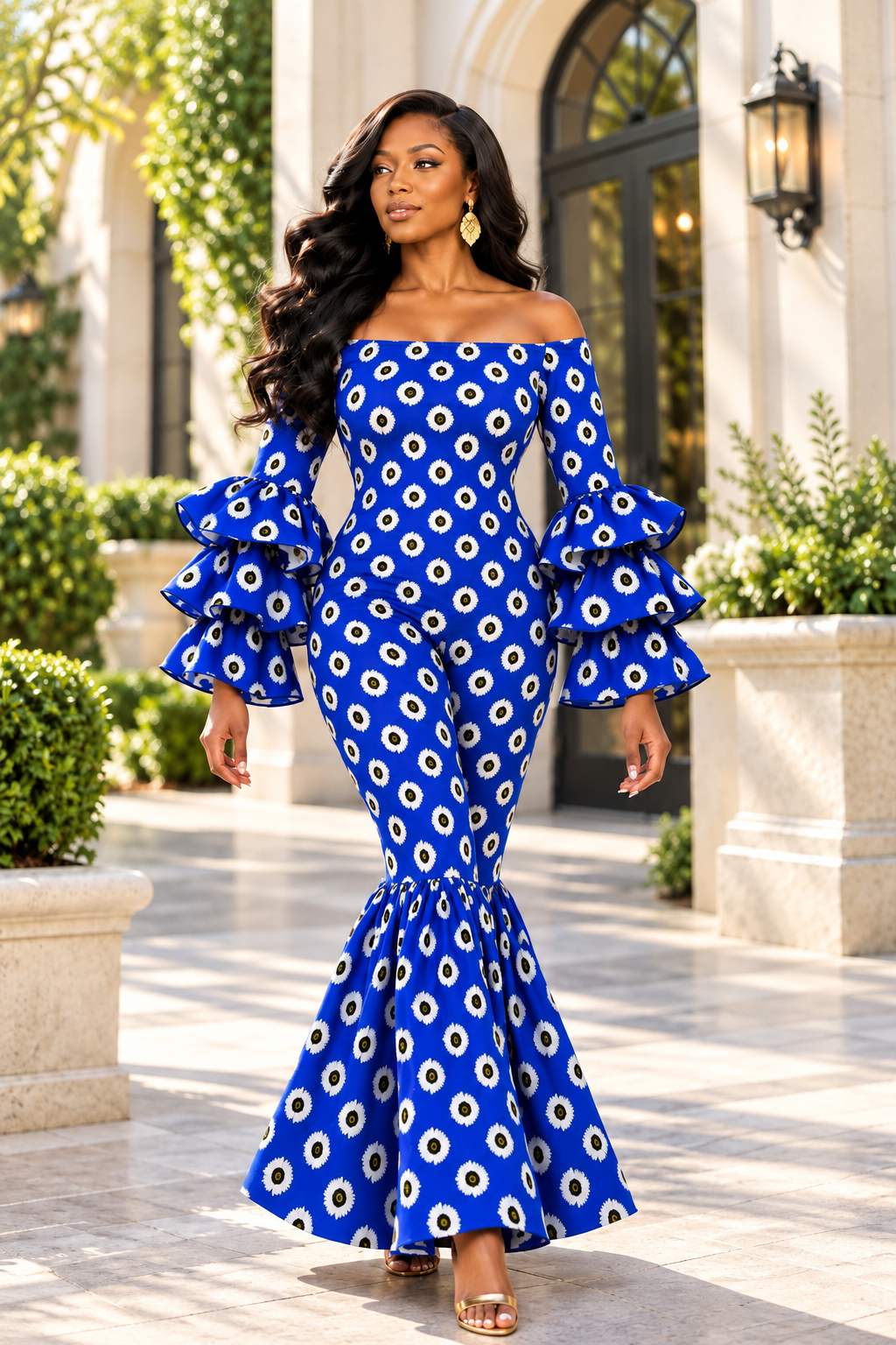 A Woman Wearing A Royal Elastic Cobalt And Marigold Geometric Print Mermaid Jumpsuit.