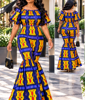 A Woman Wearing A Royal Elastic Sapphire And Gold Samakaka Dramatic Flare-Leg Jumpsuit.
