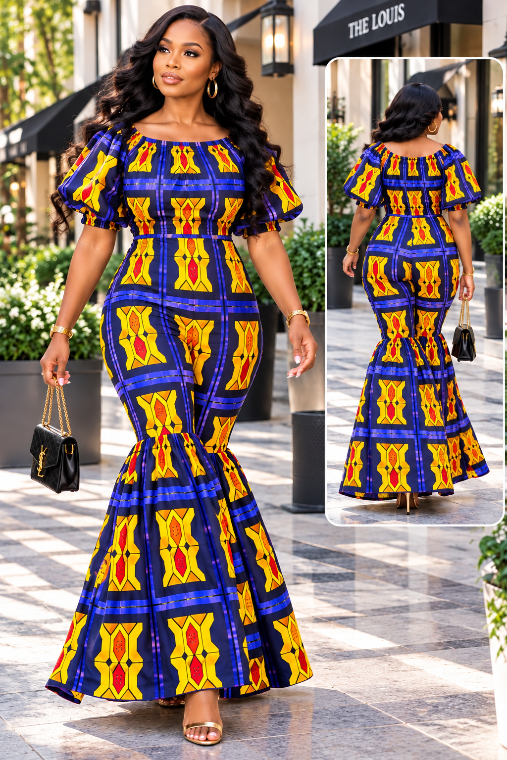 A Woman Wearing A Royal Elastic Sapphire And Gold Samakaka Dramatic Flare-Leg Jumpsuit.