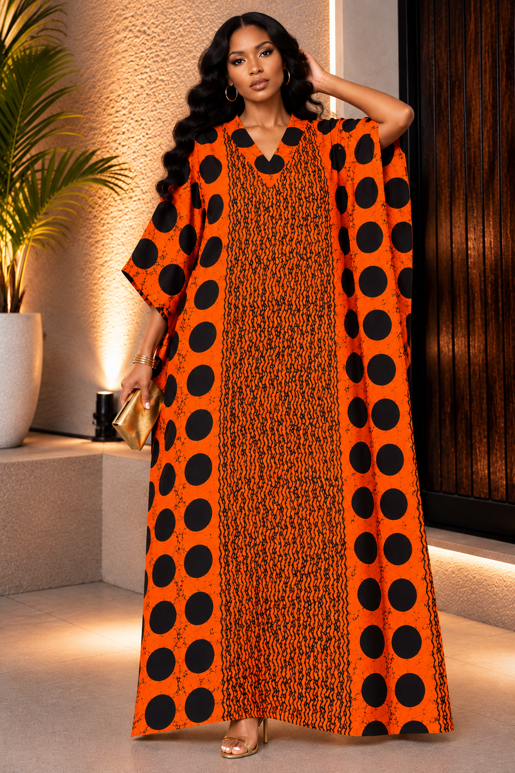 A Woman Wearing A Burnt Orange African Kaftan Dress, Polka Dot Boubou Gown And Silk Ankara Bubu Maxi.