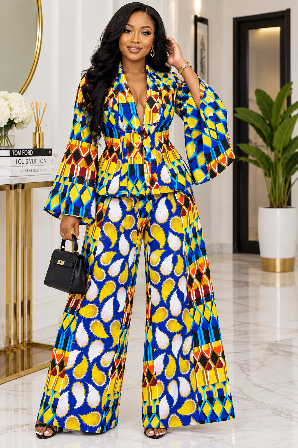 A Woman Wearing A Cobalt & Marigold Multi-Pattern Asymmetric Peplum Blazer And Wide-Leg Pants Set.