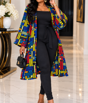 A Woman Wearing A Royal Geometric Grid Asymmetric Kimono Jacket And High-Waisted Shorts Set.