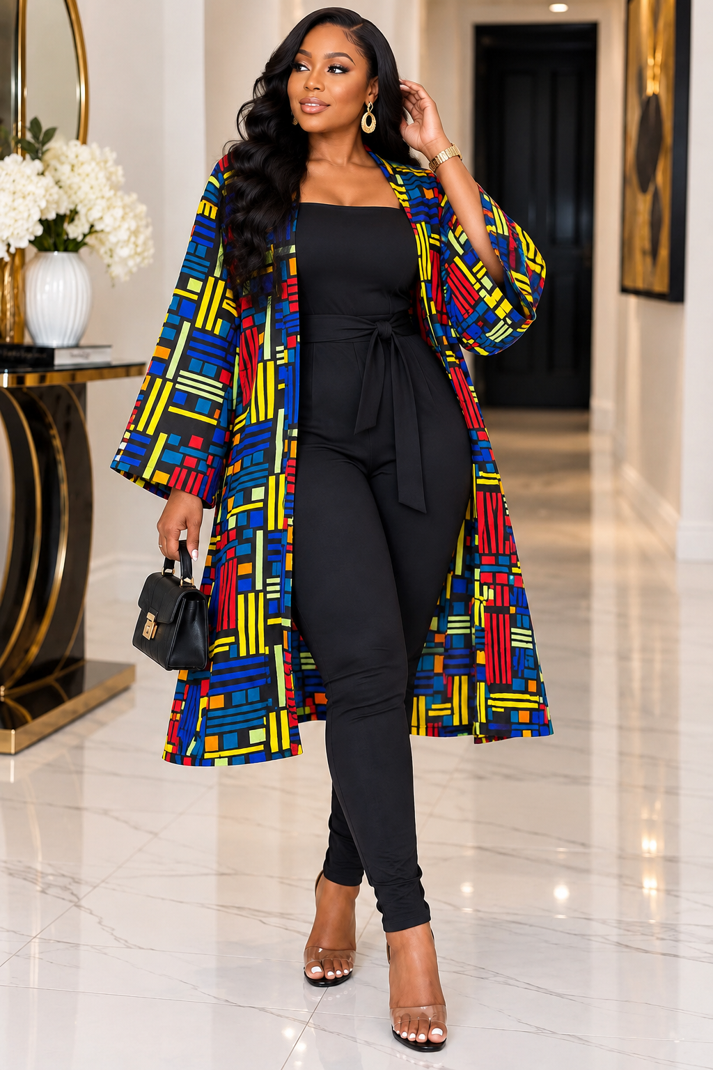 A Woman Wearing A Royal Geometric Grid Asymmetric Kimono Jacket And High-Waisted Shorts Set.