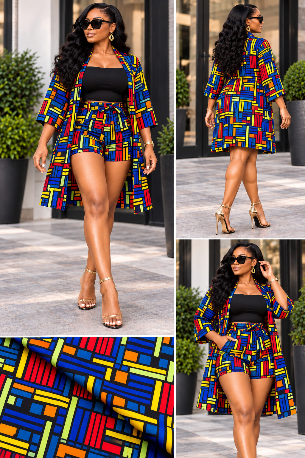 Royal Geometric Grid Asymmetric Kimono Jacket And High-Waisted Shorts Set. 2 A Woman Wearing A Royal Geometric Grid Asymmetric Kimono Jacket And High-Waisted Shorts Set.