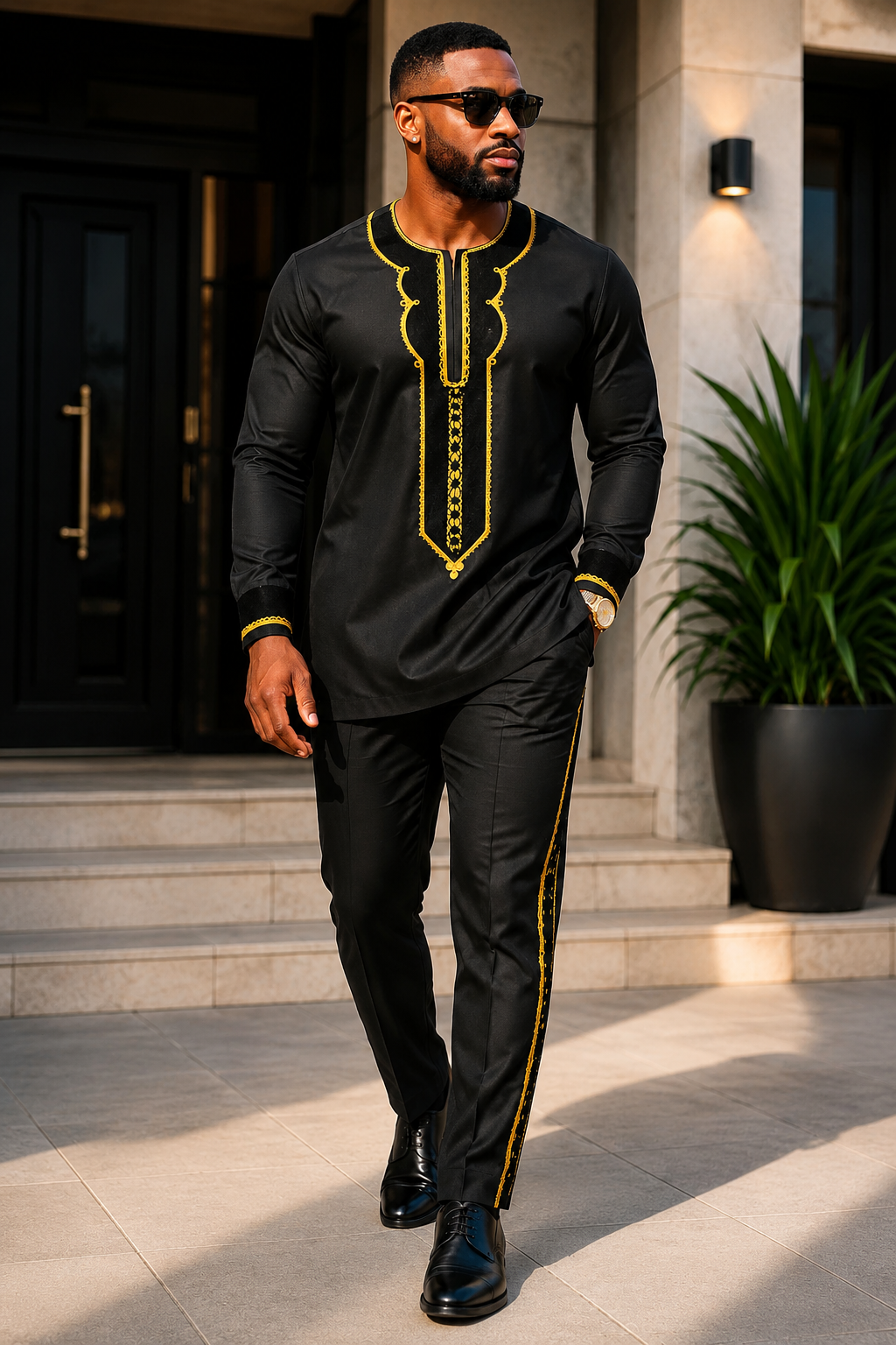 A Man Wearing An Obsidian Black & Gold Geometric Embroidered Senator Tunic And Tailored Pants Set.