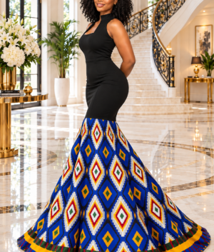 A Woman Wearing Royal Blue And Black Bodycon Samakaka Geometric Print Mermaid Maxi Gown.