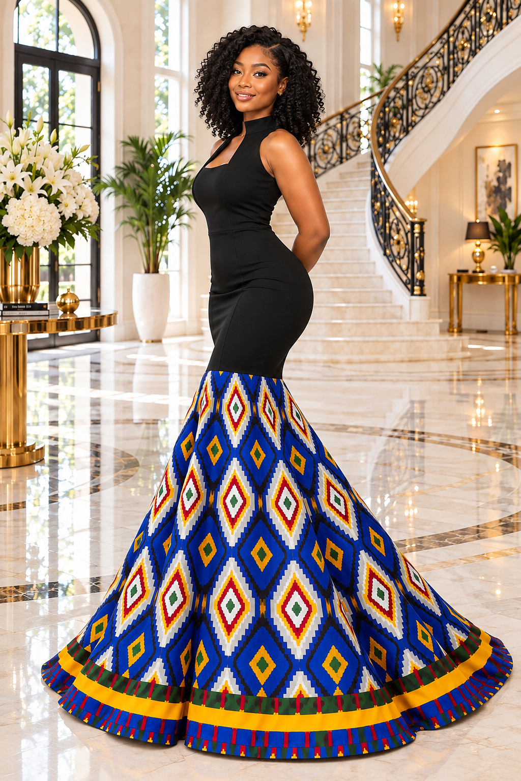 A Woman Wearing Royal Blue And Black Bodycon Samakaka Geometric Print Mermaid Maxi Gown.