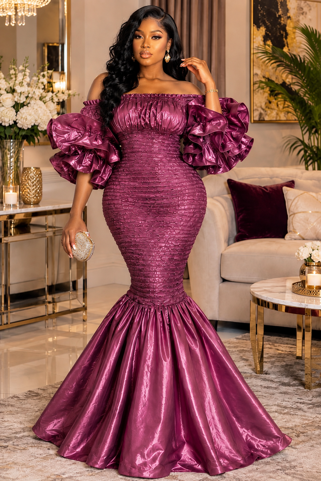 A Woman Wearing A Luminous Elastic Metallic Plum Smocked Peplum Ruffle Mermaid Gown.