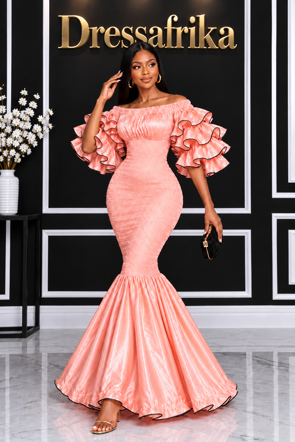 A Woman Wearing An Elastic Luminous Peach Rose Gold Smocked Ruffle Mermaid Gown.
