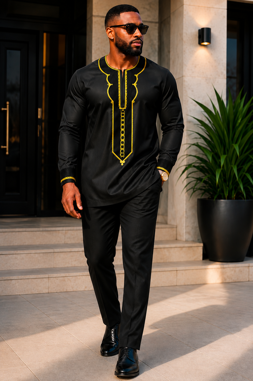 A Man Wearing An Obsidian Black & Gold Geometric Embroidered Senator Tunic And Tailored Pants Set.