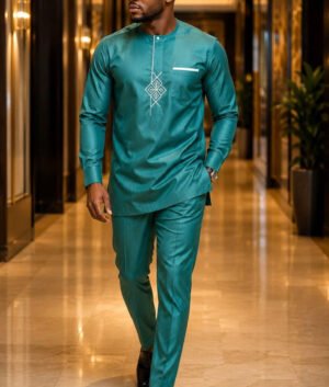 A Man Wearing A Teal Green & Crisp White Geometric Diamond Senator Tunic And Tailored Pants Set.