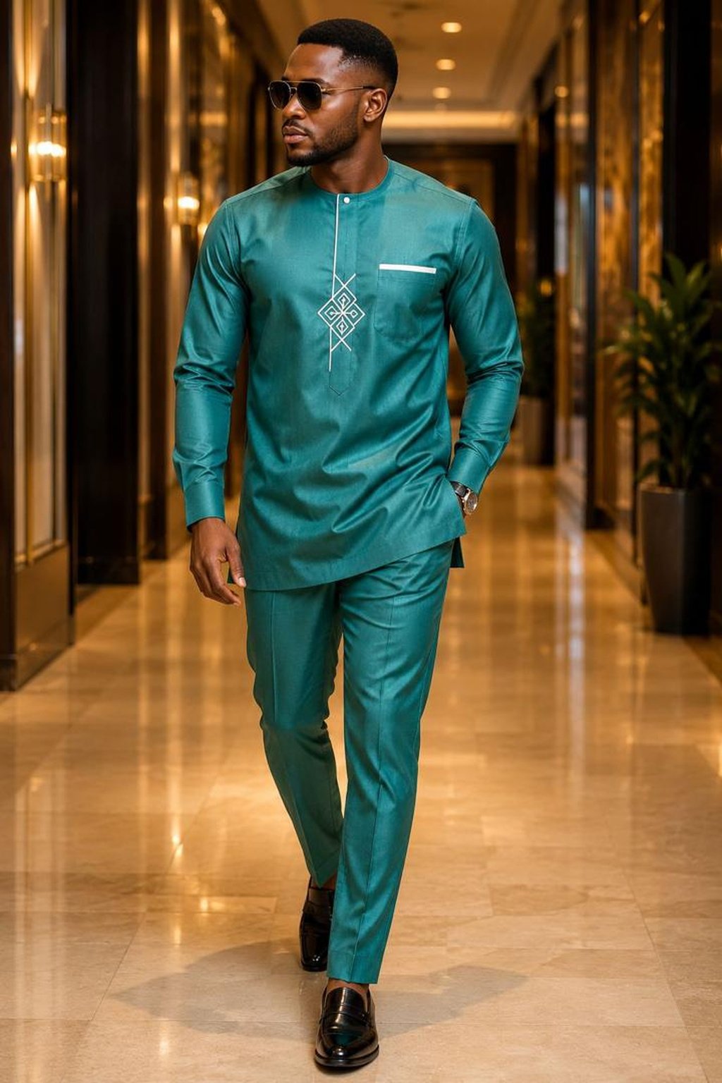 A Man Wearing A Teal Green & Crisp White Geometric Diamond Senator Tunic And Tailored Pants Set.