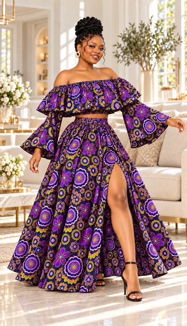 Royal Violet Off-Shoulder Ruffle Ankara Two-Piece Maxi Set (With / Without Slit Options). 4 A Woman Wearing A Royal Violet Off-Shoulder Ruffle Ankara Two-Piece Maxi Set (With / Without Slit Options).