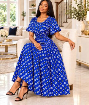 A Woman Wearing A Royal Blue Geometric Smocked Flare Sleeve Ankara Maxi Gown.