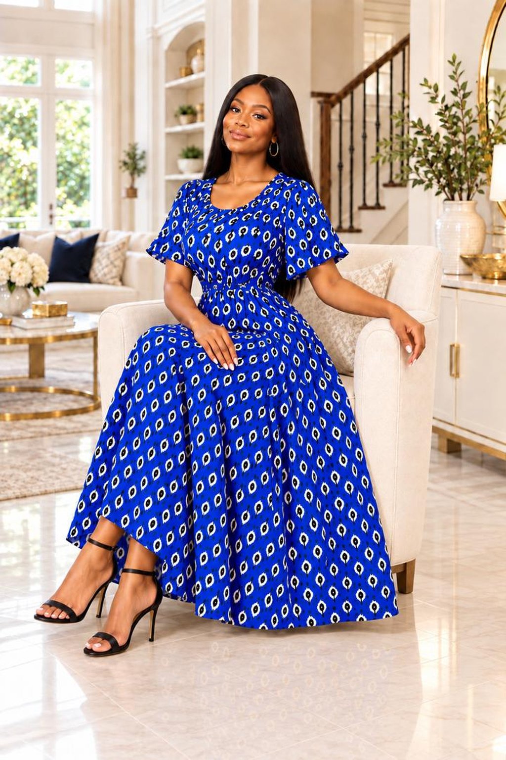 A Woman Wearing A Royal Blue Geometric Smocked Flare Sleeve Ankara Maxi Gown.