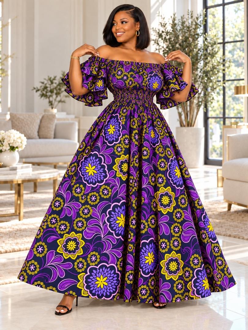 Royal Violet Smocked Off-Shoulder Ruffle Ankara Maxi Gown (With / Without Slit Options) 2 A Woman Wearing A Royal Violet Smocked Off-Shoulder Ruffle Ankara Maxi Gown (With / Without Slit Options)