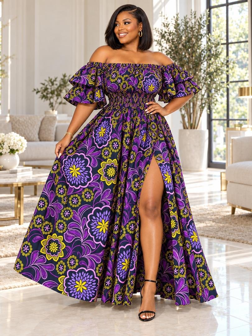 Royal Violet Smocked Off-Shoulder Ruffle Ankara Maxi Gown (With / Without Slit Options) 3 A Woman Wearing A Royal Violet Smocked Off-Shoulder Ruffle Ankara Maxi Gown (With / Without Slit Options)