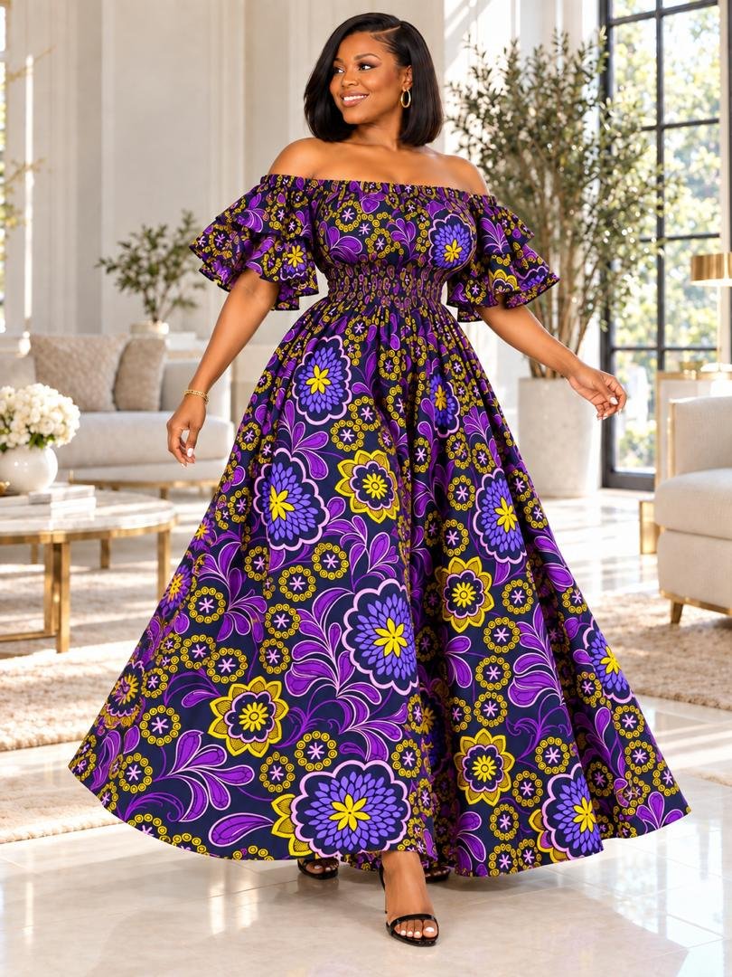 Royal Violet Smocked Off-Shoulder Ruffle Ankara Maxi Gown (With / Without Slit Options) 4 A Woman Wearing A Royal Violet Smocked Off-Shoulder Ruffle Ankara Maxi Gown (With / Without Slit Options)