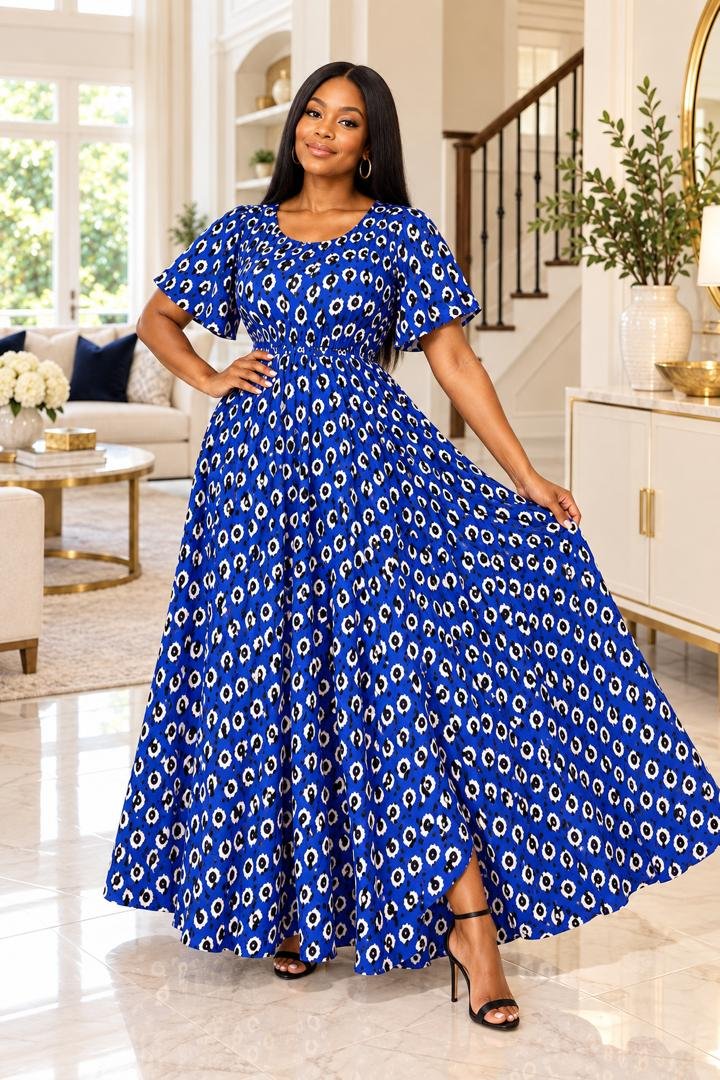 Royal Blue Geometric Smocked Flare Sleeve Ankara Maxi Gown. 2 A Woman Wearing A Royal Blue Geometric Smocked Flare Sleeve Ankara Maxi Gown.