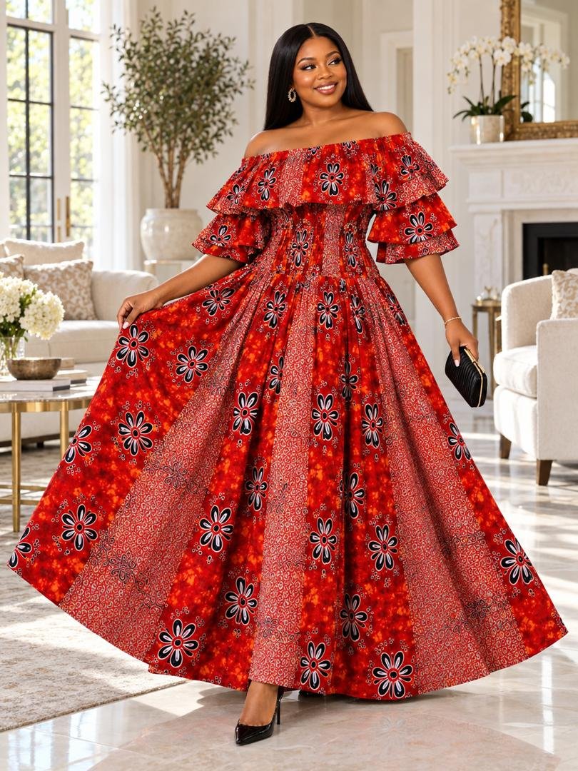 Crimson Floral Smocked Off-The-Shoulder Maxi Ball Gown, (With / Without Slit Options) 3 A Woman Wearing A Crimson Floral Smocked Off-The-Shoulder Maxi Ball Gown, With Slit And Without Slit.