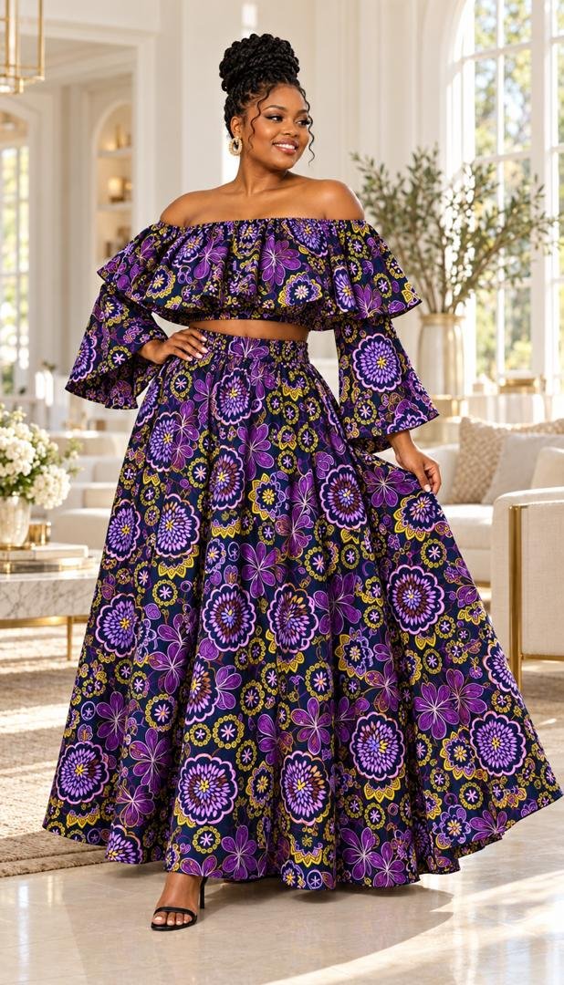 Royal Violet Off-Shoulder Ruffle Ankara Two-Piece Maxi Set (With / Without Slit Options). 3 A Woman Wearing A Royal Violet Off-Shoulder Ruffle Ankara Two-Piece Maxi Set (With / Without Slit Options).